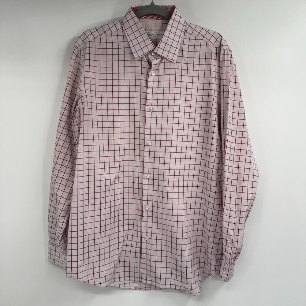 Robert Graham Windowpane Dress Shirt Mens 41 Red White Plaid Cotton Long Sleeve